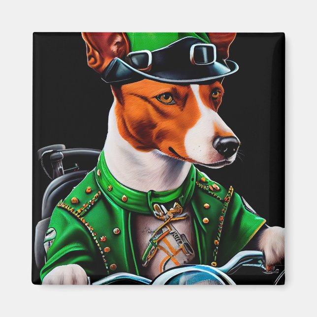 Aimant Chien Basenji conduisant un vélo St. Patrick's Day (Devant)