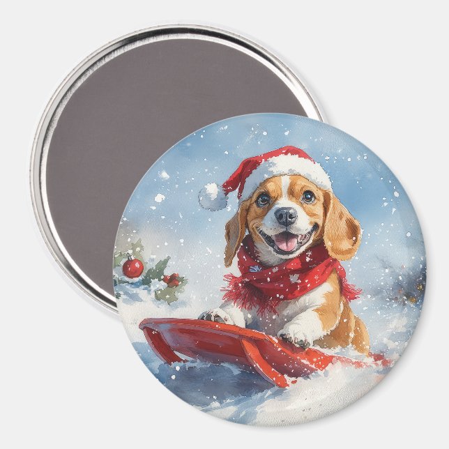 Aimant Chien beagle dans la boue Laisser il neige Noël (Recto/Verso)