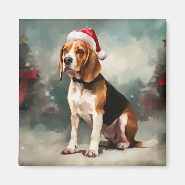 Aimant Chien Beagle dans la neige de Noël (Devant)
