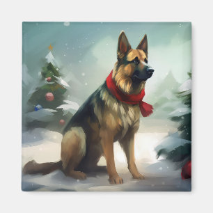 Aimant Chien berger allemand dans la neige de Noël