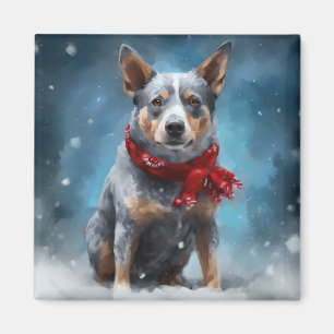 Aimant Chien Blue Heeler dans la neige de Noël 