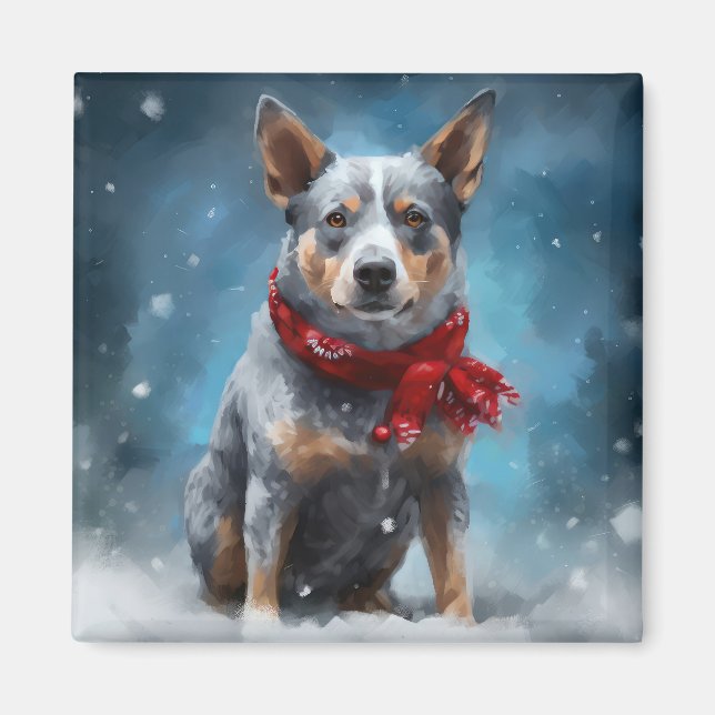 Aimant Chien Blue Heeler dans la neige de Noël  (Devant)
