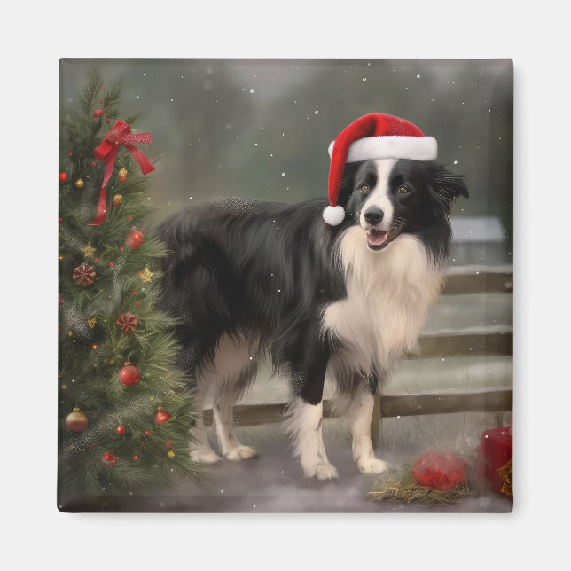 Aimant Chien Border Collie dans la neige de Noël (Devant)
