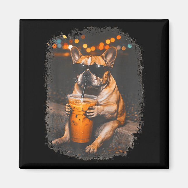 Aimant Chien bouledogue drôle buvant du café glacé mème a (Devant)