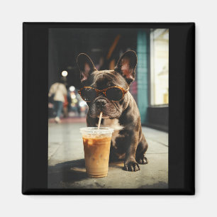 Aimant Chien bouledogue français drôle buvant du café gla