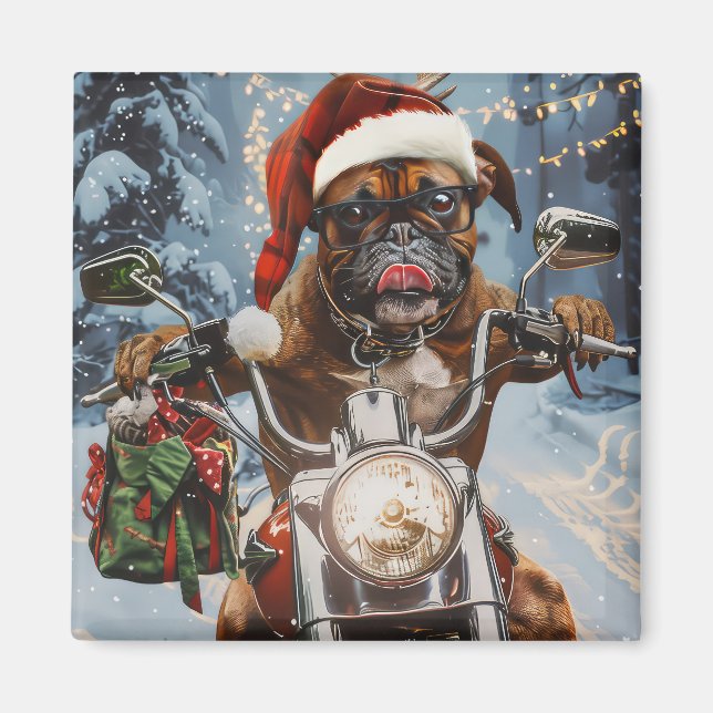 Aimant Chien Boxer à Vélo à Noël  (Devant)