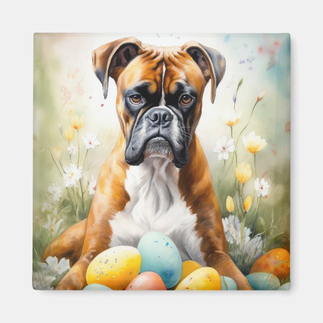 Aimant Chien Boxer avec œufs de Pâques vacances (Devant)