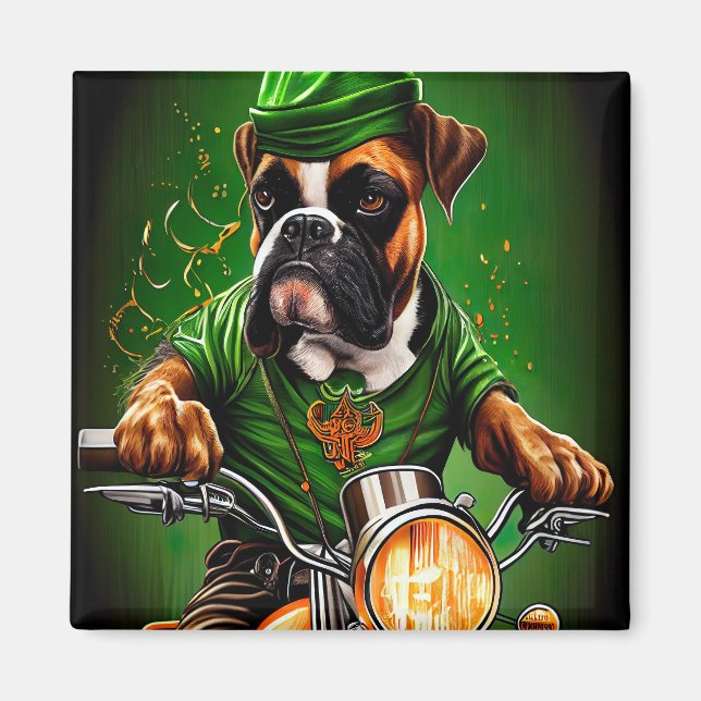 Aimant Chien Boxer Conduisant un Vélo St. Patrick's Day (Devant)