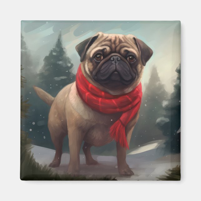 Aimant Chien Carlin dans la neige de Noël (Devant)