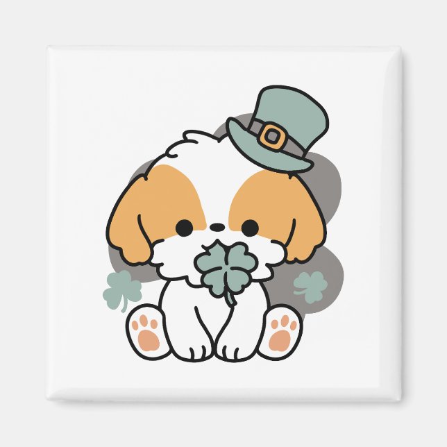 Aimant Chien chanceux avec trèfle – Cadeau de la Saint-Pa (Devant)