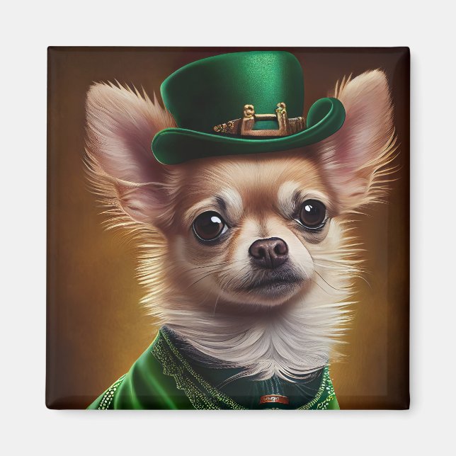 Aimant Chien Chihuahua en tenue de la Saint-Patrick (Devant)