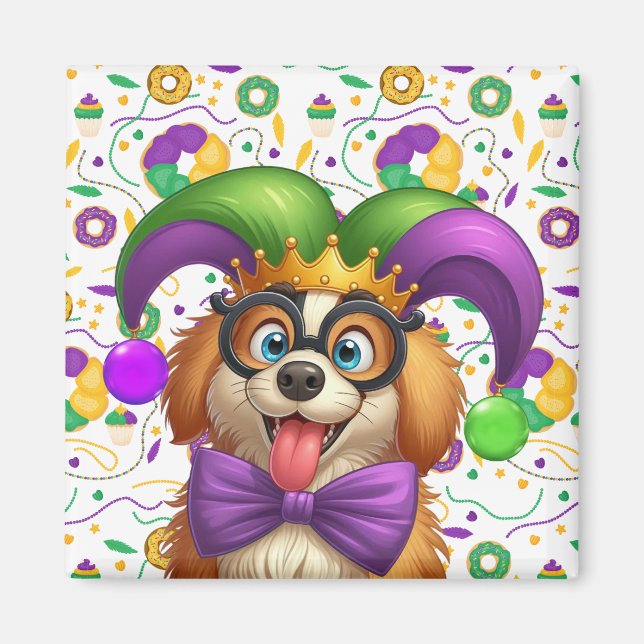 Aimant Chien chiot mignon Mardi Gras en casquette jester (Devant)