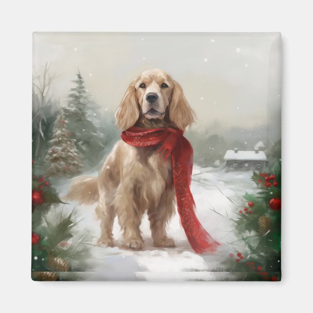 Aimant Chien Cocker Spaniel dans la neige Noël (Devant)