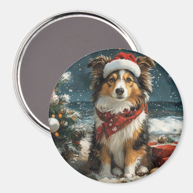 Aimant Chien de berger des Shetland Noël Vintage Plage (Recto/Verso)