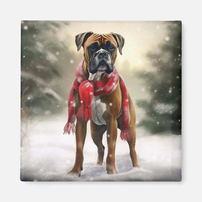 Aimant Chien de boxe en Noël de neige (Devant)