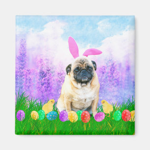 Aimant Chien de carlin avec oeufs de Pâques Poussins lapi
