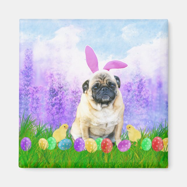 Aimant Chien de carlin avec oeufs de Pâques Poussins lapi (Devant)