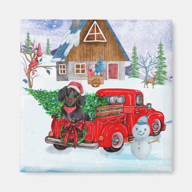 Aimant Chien de Dachshund en livraison de Noël Camion Nei (Devant)