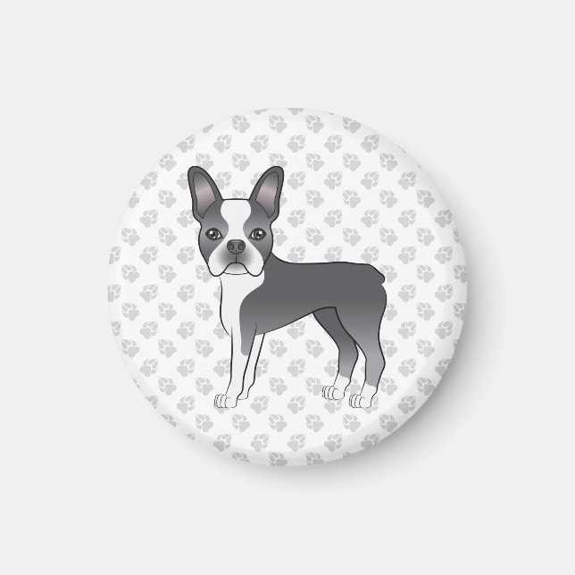 Aimant Chien de dessin animé Boston Terrier bleu et blanc (Devant)