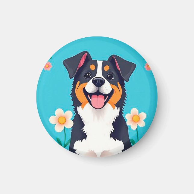 Aimant Chien de dessin animé entouré de fleurs (Devant)