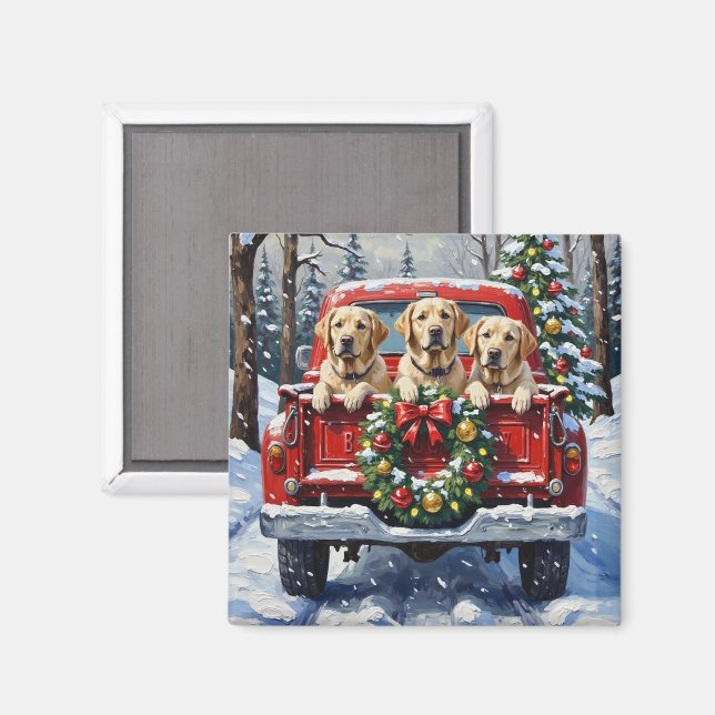 Aimant Chien de Labrador Noël Camion Rouge Fêtes (Recto/Verso)