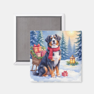 Aimant Chien de montagne de Berne aquarelle traîneau Noël
