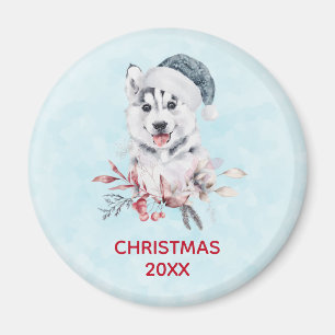 Aimant Chien de Noël Husky dans un chapeau de Père Noël