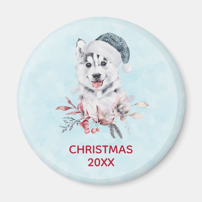 Aimant Chien de Noël Husky dans un chapeau de Père Noël (Devant)