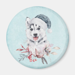 Aimant Chien de Noël Husky dans un chapeau de Père Noël