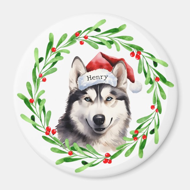 Aimant Chien de Noël Sibérien Husky Santa Hat (Devant)