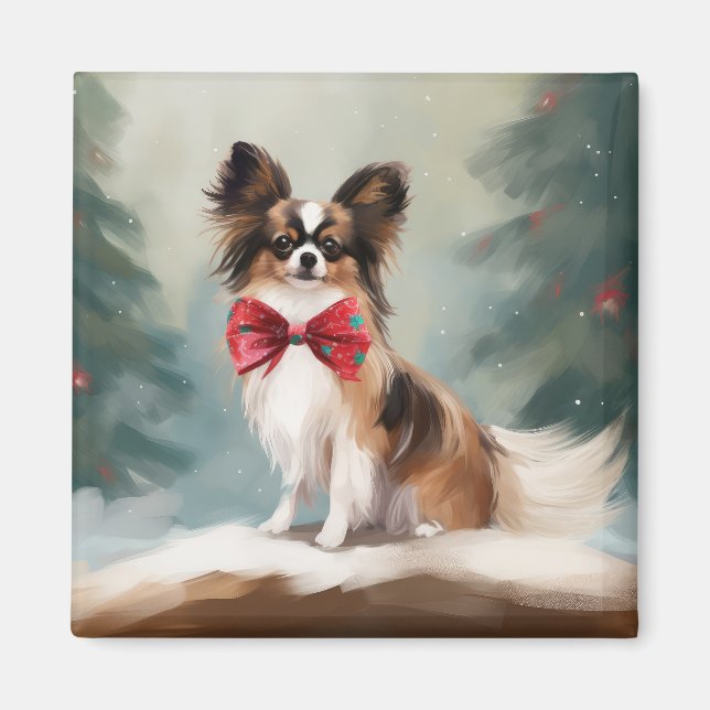 Aimant Chien de Papillon à Noël de neige (Devant)
