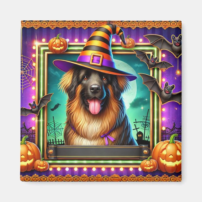 Aimant Chien d'Halloween avec chapeau de sorcière (Devant)
