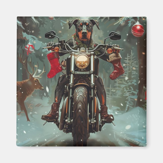 Aimant Chien Doberman à moto Noël (Devant)
