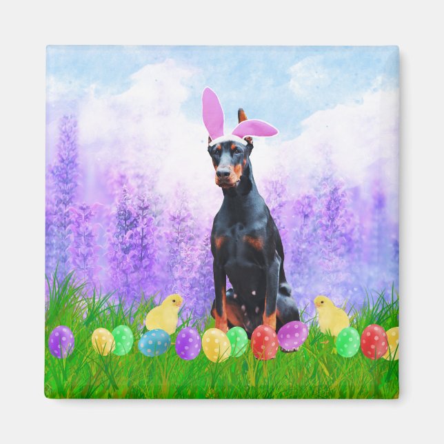 Aimant Chien Doberman avec oeufs de Pâques Poussins Bunny (Devant)