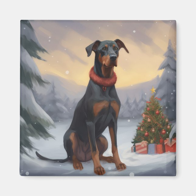 Aimant Chien Doberman dans la neige de Noël (Devant)