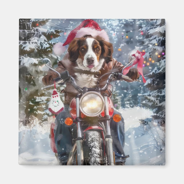 Aimant Chien Épagneul Breton à moto Noël (Devant)