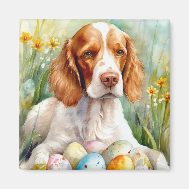Aimant Chien Épagneul Breton avec œufs de Pâques (Devant)