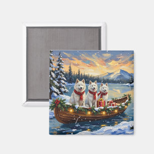 Aimant Chien Esquimau Américain Blanc Noël Bateau Fêtes