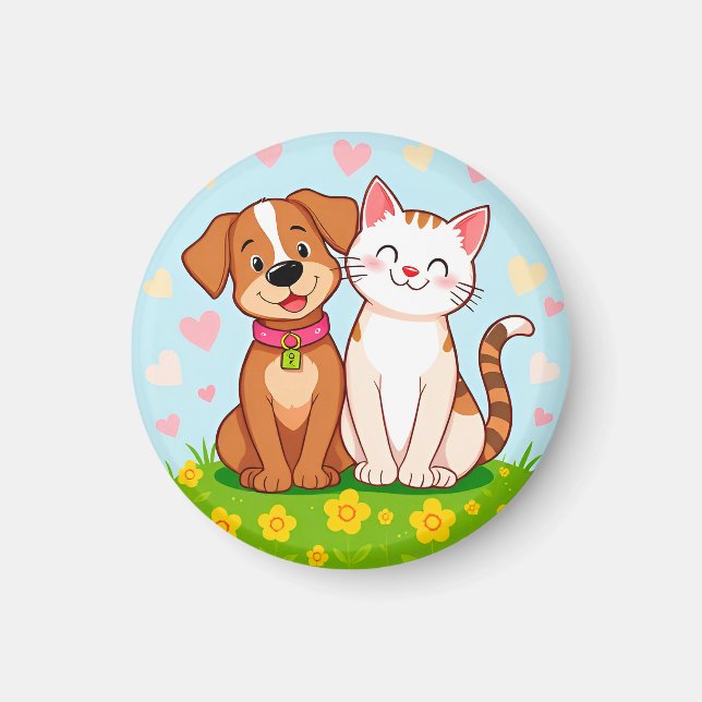 Aimant Chien et chat de dessin animé mignons assis ensemb (Devant)