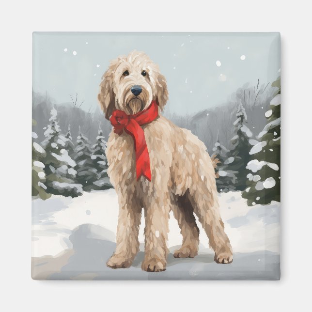 Aimant Chien Goldendoodle dans la neige Noël (Devant)
