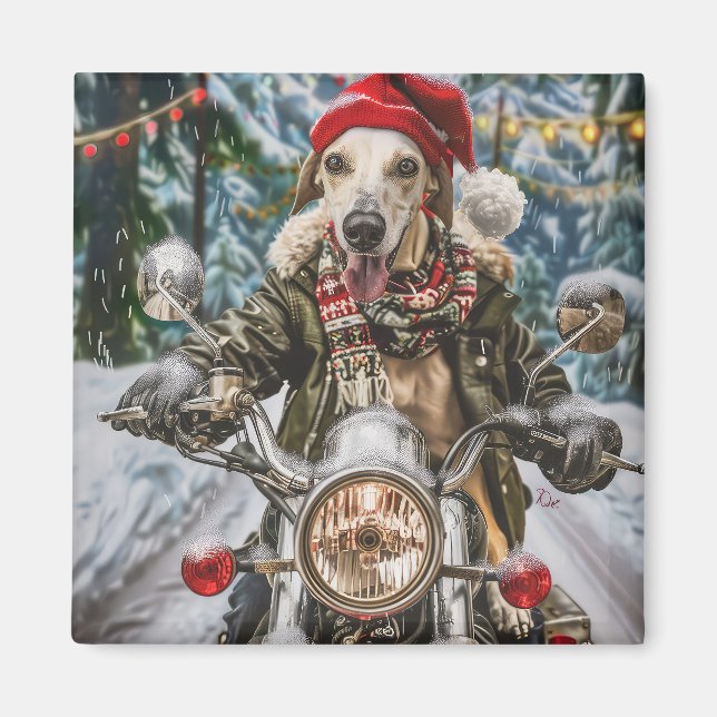 Aimant Chien Greyhound à moto Noël  (Devant)