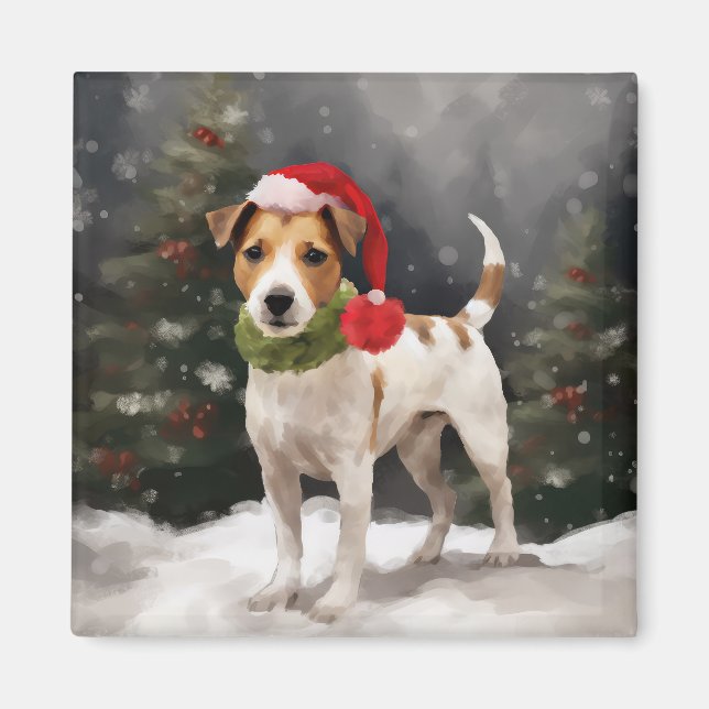 Aimant Chien Jack Russell dans la neige de Noël (Devant)