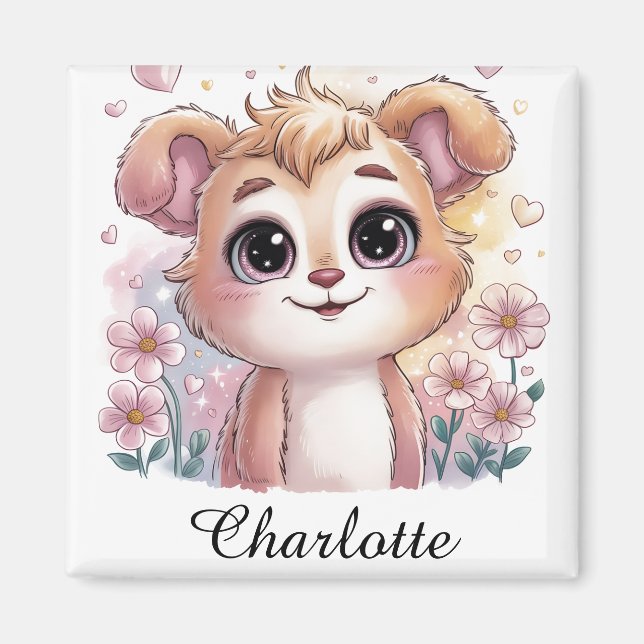 Aimant Chien Kawaii avec des fleurs de printemps et des c (Devant)