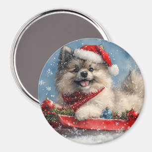 Aimant Chien Keeshond en Luge Laissez Tomber la Neige Noë