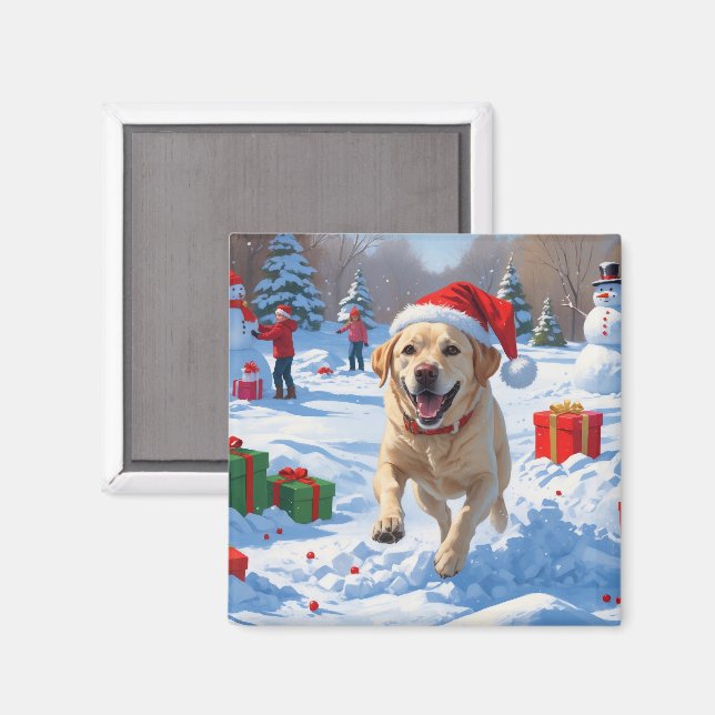 Aimant Chien Labrador courant dans la neige avec un chape (Recto/Verso)
