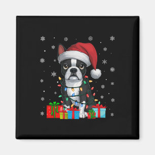 Aimant Chien Lights Xmas moche Santa Hat Boston Terrier C
