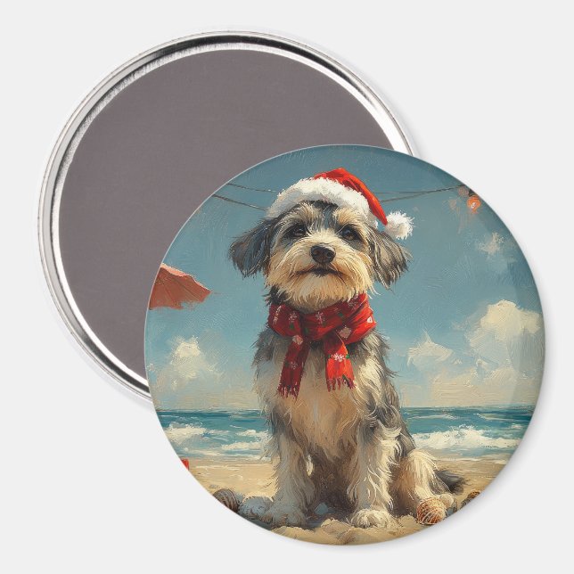 Aimant Chien Louveteau Noël Vintage Plage (Recto/Verso)