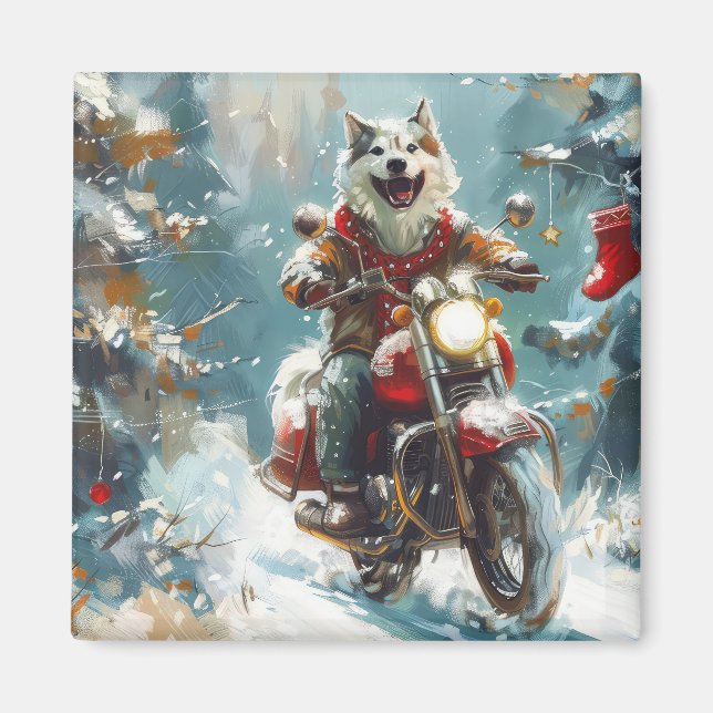Aimant Chien Malamute d'Alaska à moto Noël (Devant)