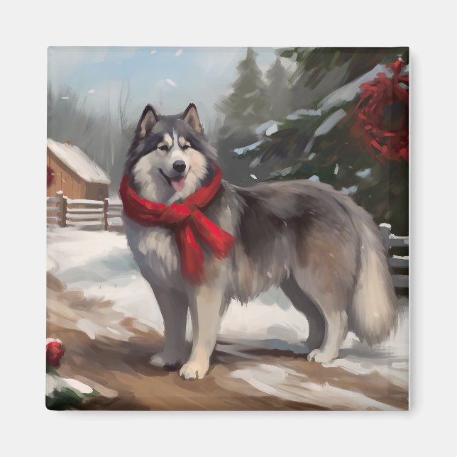 Aimant Chien Malamute d'Alaska dans la neige de Noël (Devant)
