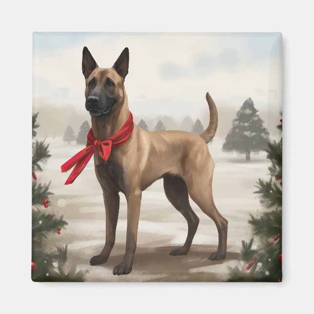 Aimant Chien malinois belge à Noël de neige (Devant)